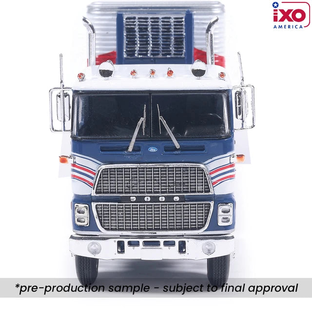 (Coming Soon) IXO America 1:64 Scale 1976 Ford CL 9000 Red, White, and Blue with Vintage Trailer
