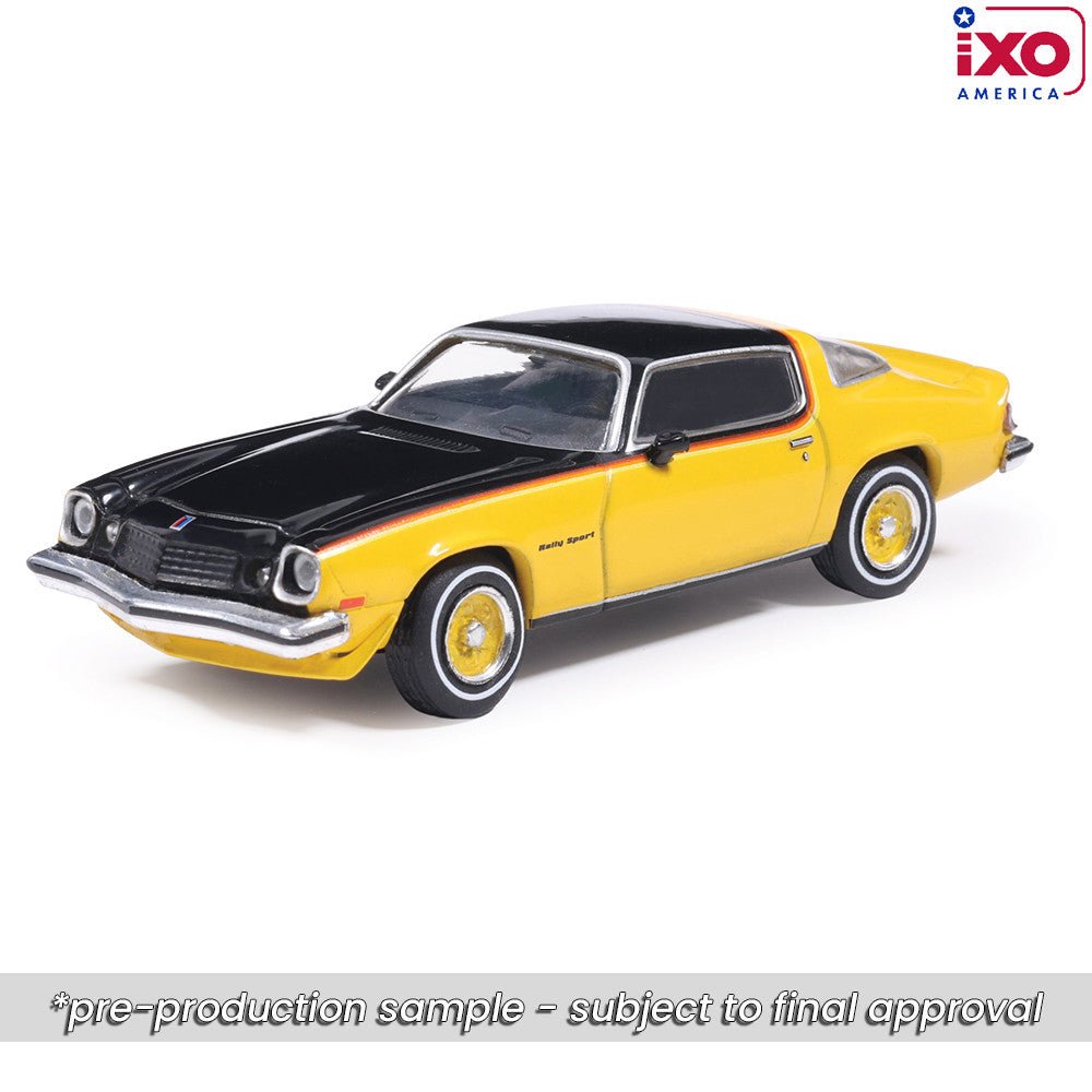 (Coming Soon) IXO 1:64 Scale 1976 Chevrolet Camaro Rally Sport - Bright Yellow and Black - Midnight City Diecast L.C.
