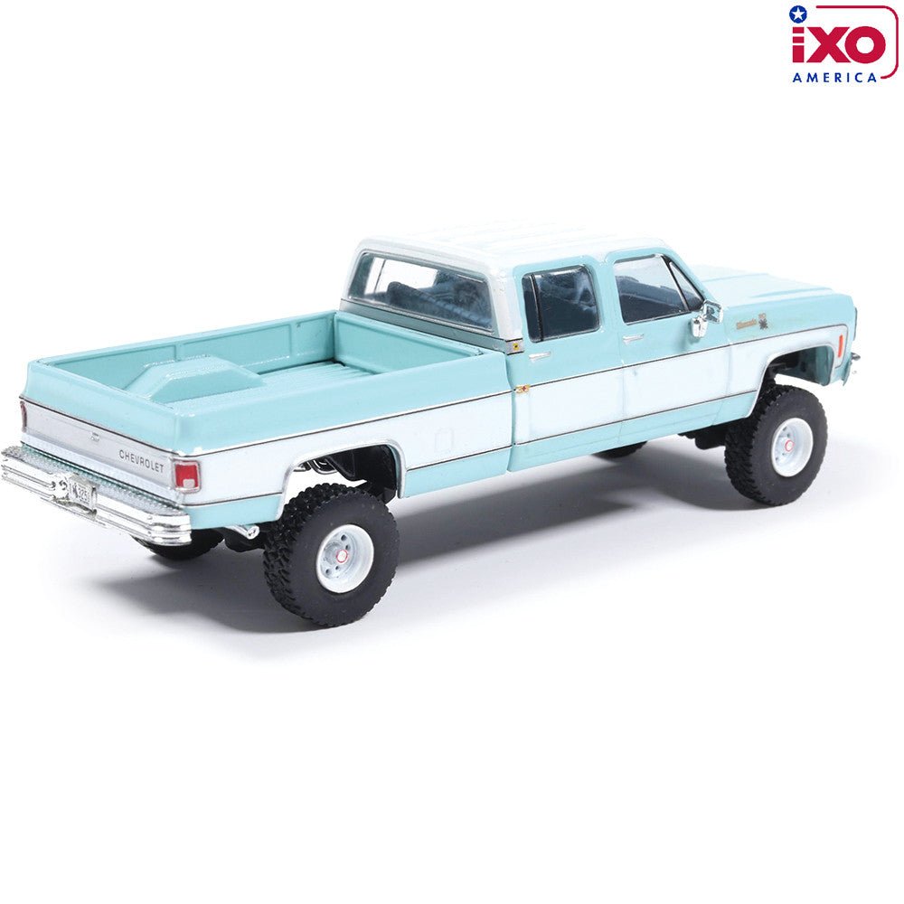 (Coming Soon) IXO 1:64 Scale 1978 Chevrolet Silverado K30 Crew Cab Fleetside Lifted - Light Blue and Frost White - Midnight City Diecast L.C.