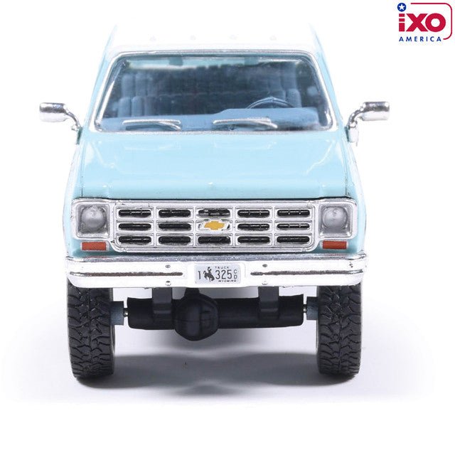 (Coming Soon) IXO 1:64 Scale 1978 Chevrolet Silverado K30 Crew Cab Fleetside Lifted - Light Blue and Frost White - Midnight City Diecast L.C.