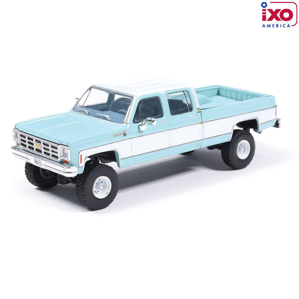 (Coming Soon) IXO 1:64 Scale 1978 Chevrolet Silverado K30 Crew Cab Fleetside Lifted - Light Blue and Frost White - Midnight City Diecast L.C.