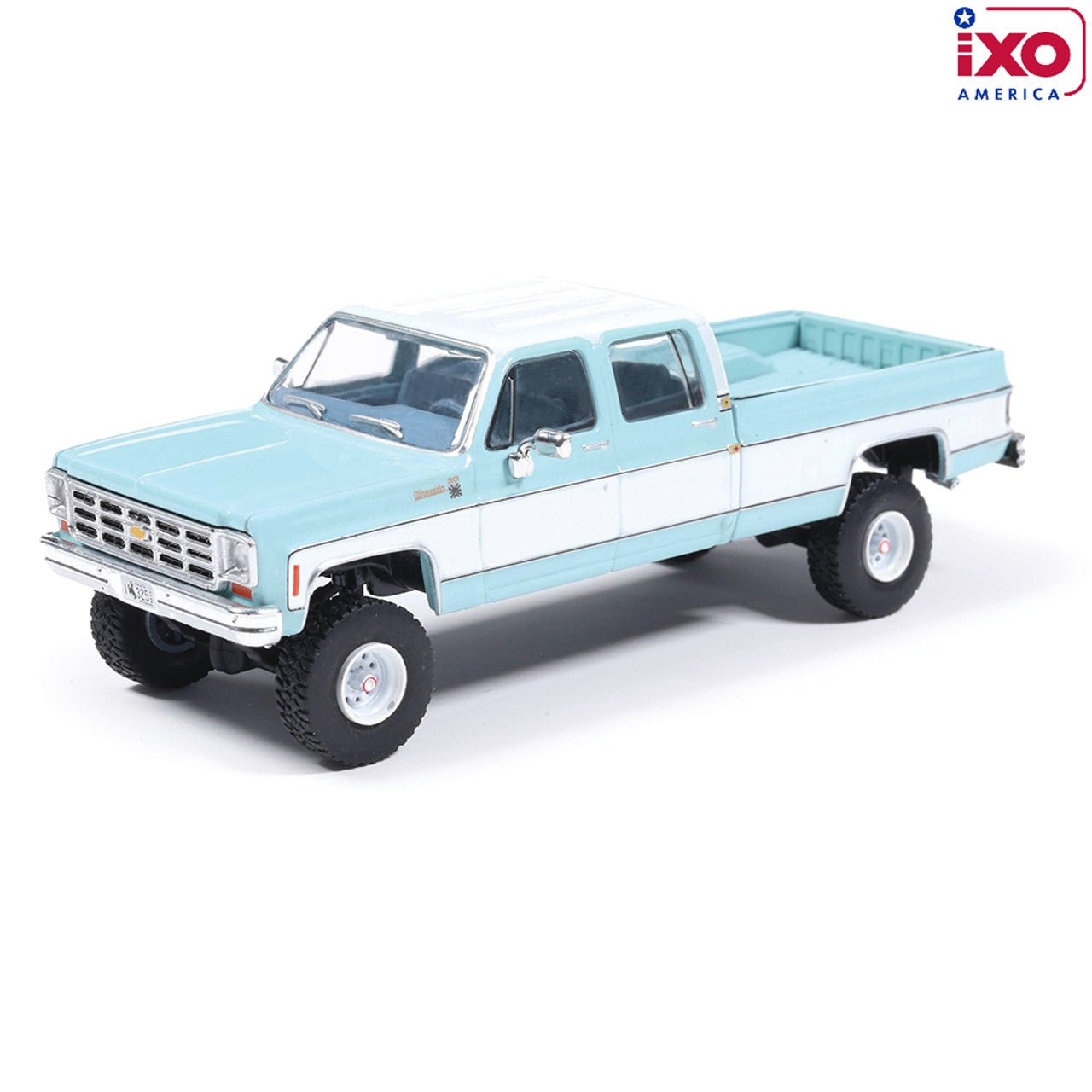 (Coming Soon) IXO 1:64 Scale 1978 Chevrolet Silverado K30 Crew Cab Fleetside Lifted - Light Blue and Frost White - Midnight City Diecast L.C.
