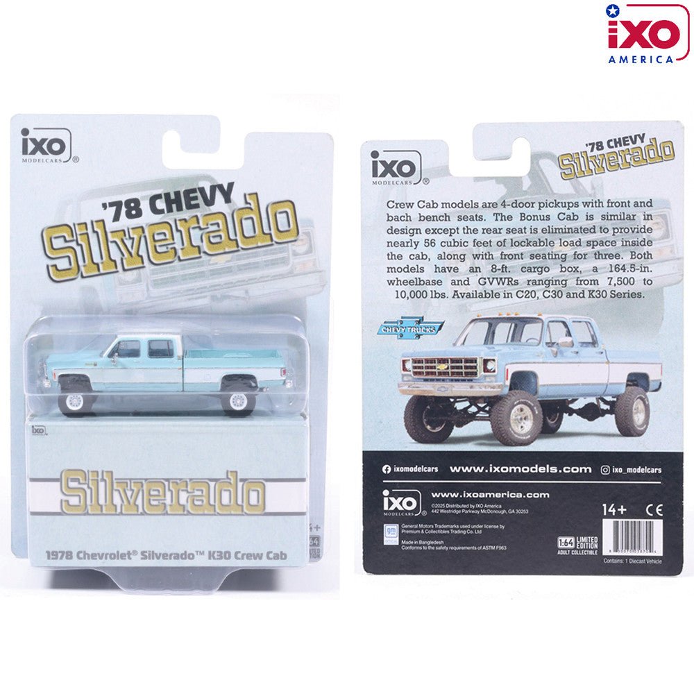 (Coming Soon) IXO 1:64 Scale 1978 Chevrolet Silverado K30 Crew Cab Fleetside Lifted - Light Blue and Frost White - Midnight City Diecast L.C.