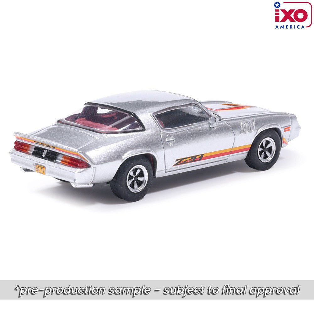 (Coming Soon) IXO 1:64 Scale 1979 Chevrolet Camaro Z28 - Silver with Orange Stripes - Midnight City Diecast L.C.
