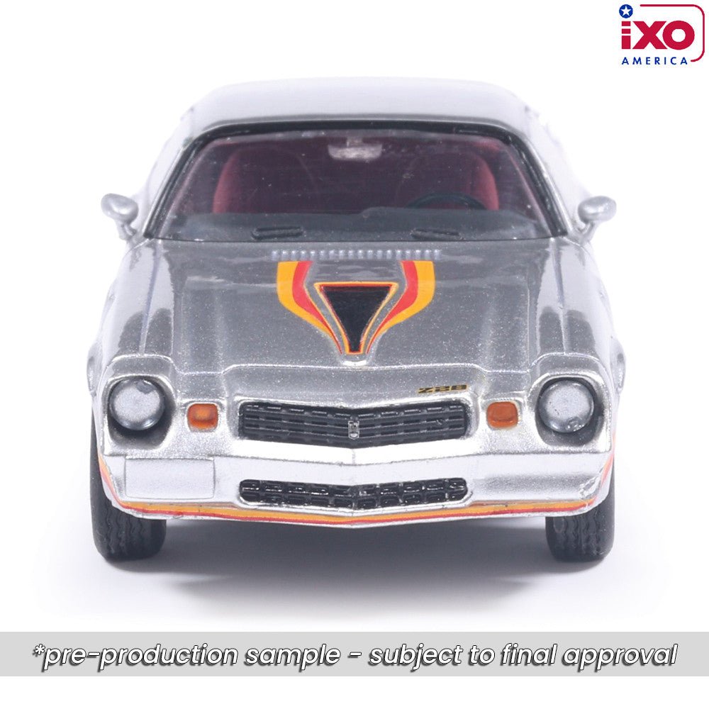 (Coming Soon) IXO 1:64 Scale 1979 Chevrolet Camaro Z28 - Silver with Orange Stripes - Midnight City Diecast L.C.