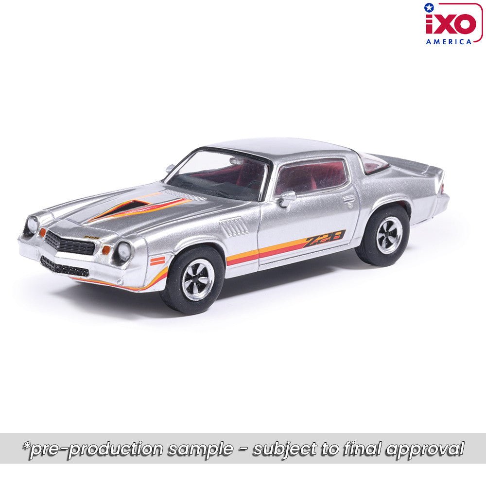 (Coming Soon) IXO 1:64 Scale 1979 Chevrolet Camaro Z28 - Silver with Orange Stripes - Midnight City Diecast L.C.