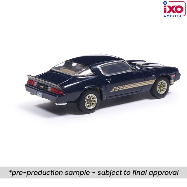 (Coming Soon) IXO 1:64 Scale 1981 Chevrolet Camaro Z28 - Dark Blue Metallic with Gold Striping - Midnight City Diecast L.C.