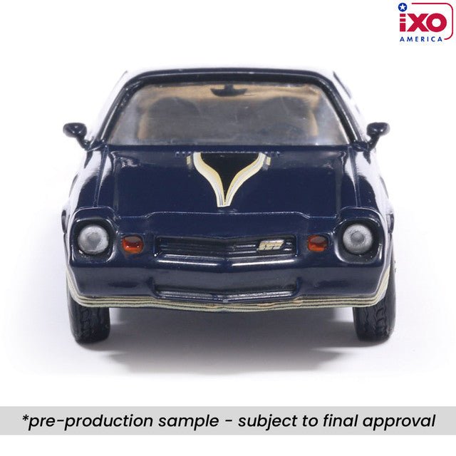 (Coming Soon) IXO 1:64 Scale 1981 Chevrolet Camaro Z28 - Dark Blue Metallic with Gold Striping - Midnight City Diecast L.C.