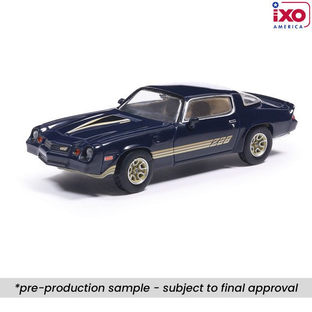 (Coming Soon) IXO 1:64 Scale 1981 Chevrolet Camaro Z28 - Dark Blue Metallic with Gold Striping - Midnight City Diecast L.C.