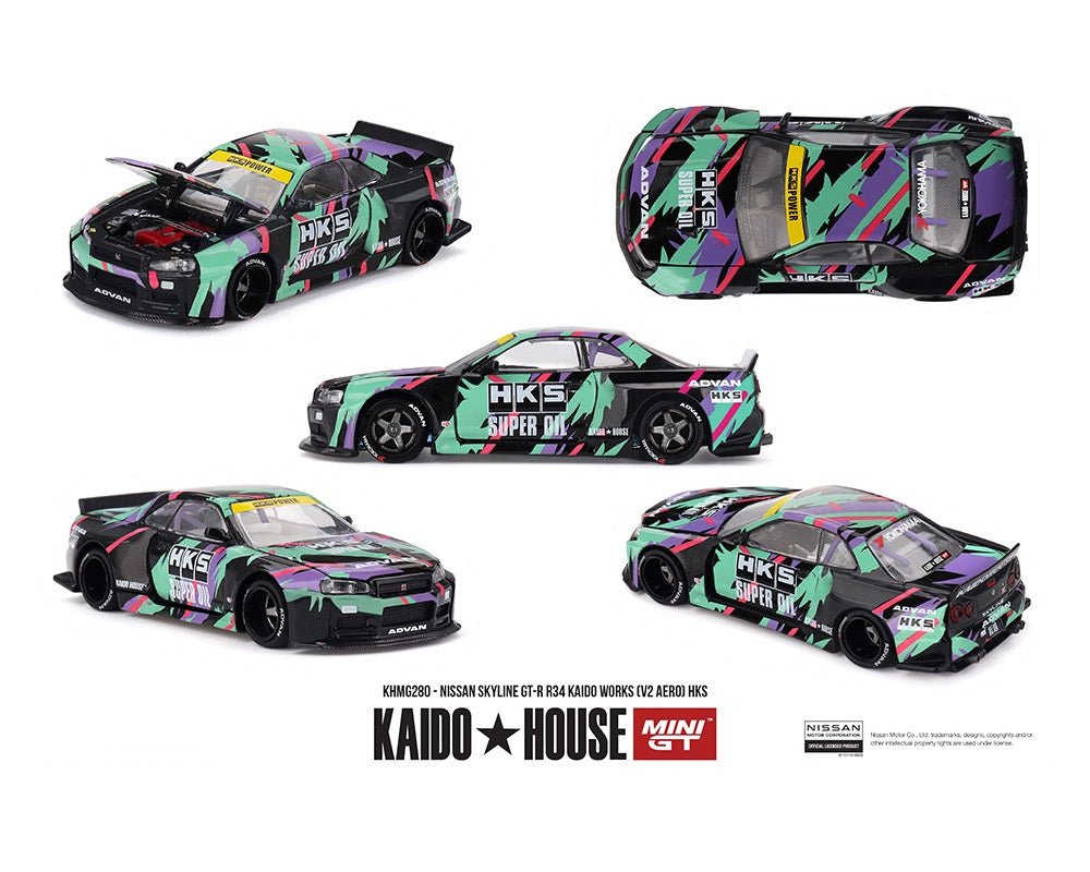 (Coming Soon) Kaido House x Mini GT 1:64 Nissan Skyline GT - R R34 Kaido Works (V2 Aero) HKS – Limited Edition - Midnight City Diecast L.C.