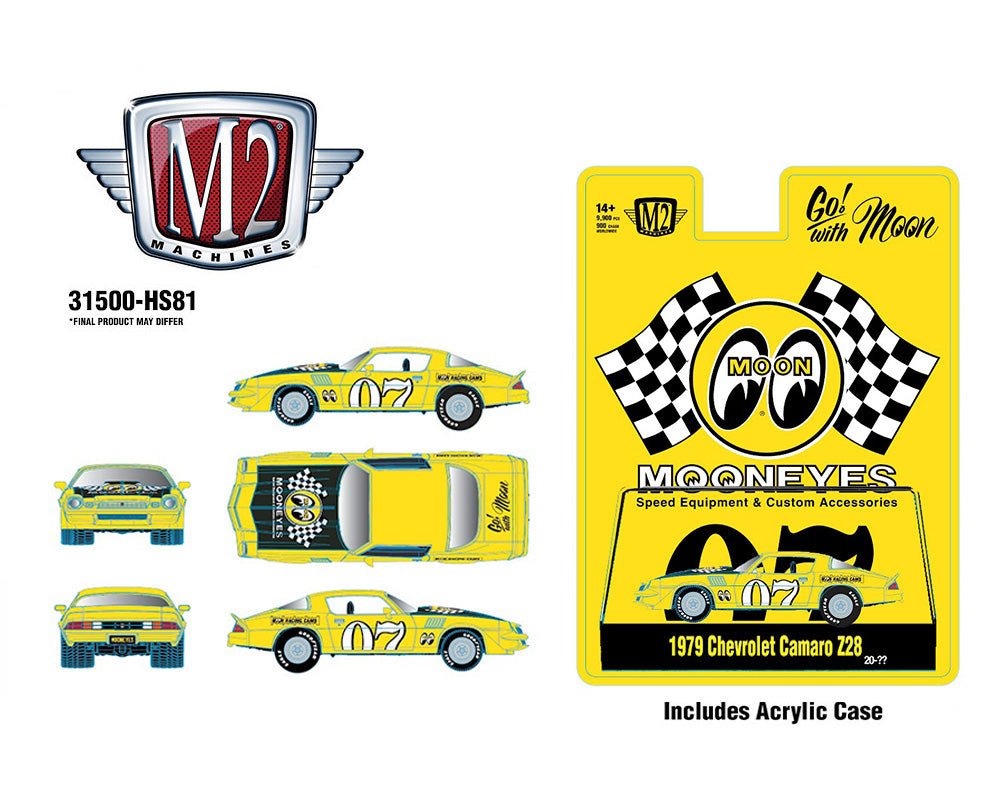 (Coming Soon) M2 Machines 1:64 1979 Chevrolet Camaro Z28 Mooneyes Speed Equipment – Yellow – Hobby Exclusive - Midnight City Diecast L.C.
