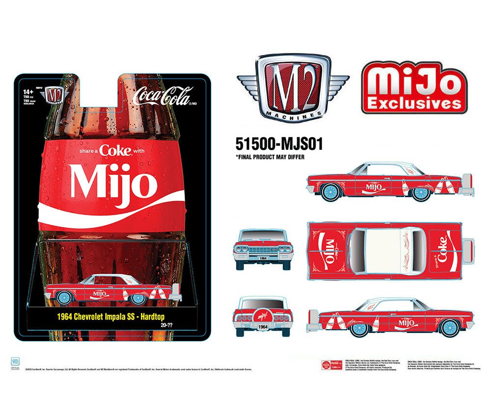 (Coming Soon) M2 Machines 1:64 Coca Cola ” Share A Coke with Mijo” 1964 Chevrolet Impala SS Lowriders – Special Edition – MiJo Exclusives - Midnight City Diecast L.C.