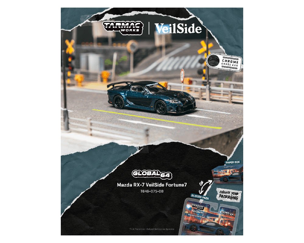 (Coming Soon) Tarmac Works 1:64 Mazda RX - 7 Veilside Fortune7 – Dark Blue – Global64 - Midnight City Diecast L.C.