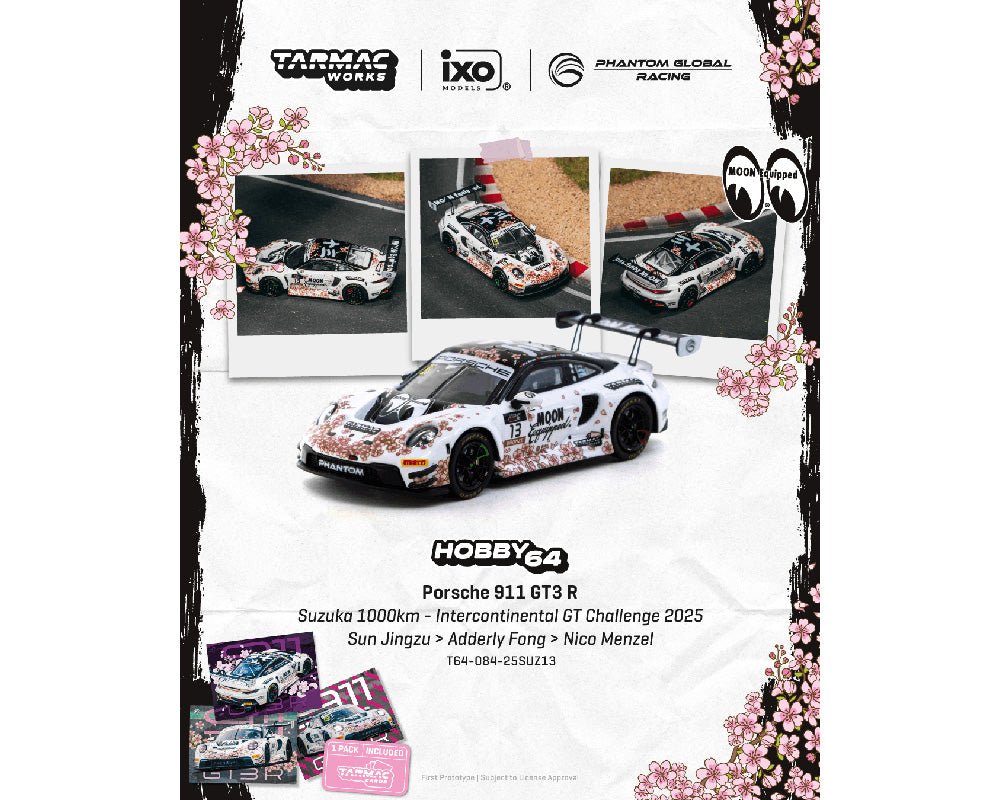 (Coming Soon) Tarmac Works 1:64 Porsche 911 GT3 R Suzuka 1000km – Intercontinental GT Challenge 2025 Phantom Global Racing Sun Jingzu / Adderly Fong / Nico Menzel Model Car + Trading Cards Combo Set - Midnight City Diecast L.C.