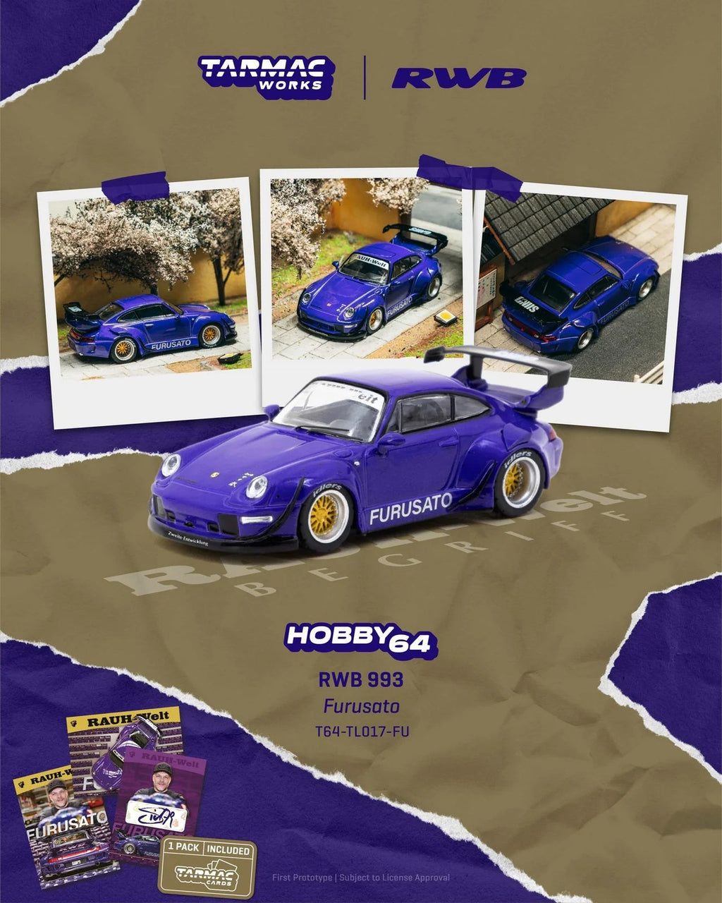 (Coming Soon) Tarmac Works 1:64 RWB 993 Furusato Model Car + Trading Cards Combo Set - Midnight City Diecast L.C.