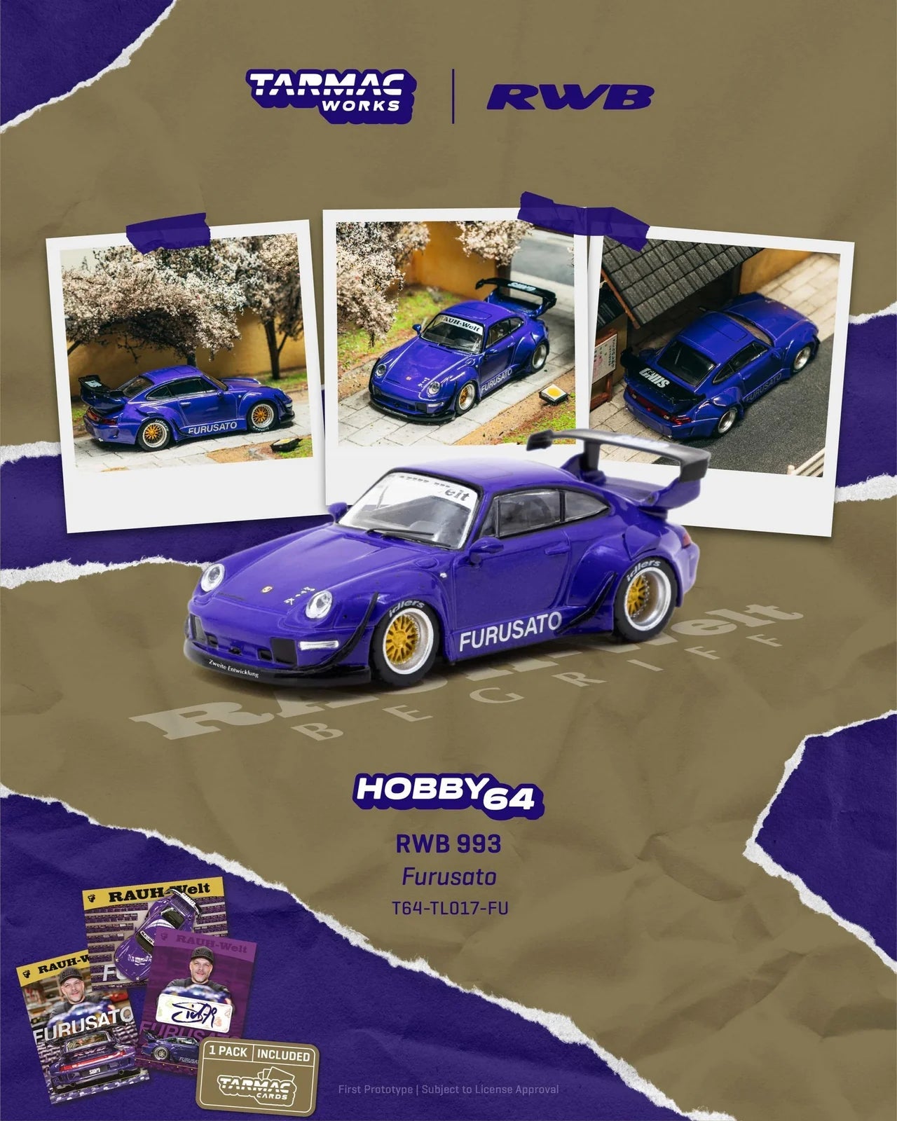 (Coming Soon) Tarmac Works 1:64 RWB 993 Furusato Model Car + Trading Cards Combo Set - Midnight City Diecast L.C.