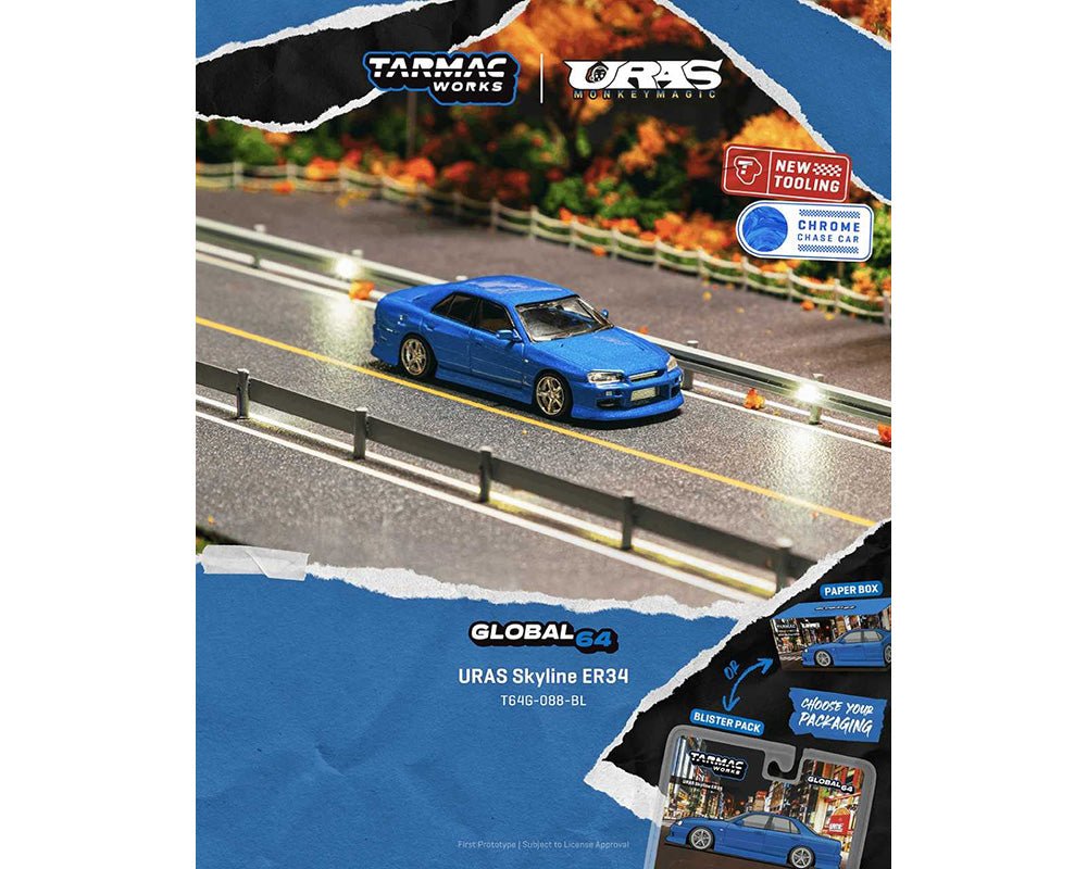 (Coming Soon) Tarmac Works 1:64 URAS Skyline ER34 – Blue – Global64 - Midnight City Diecast L.C.