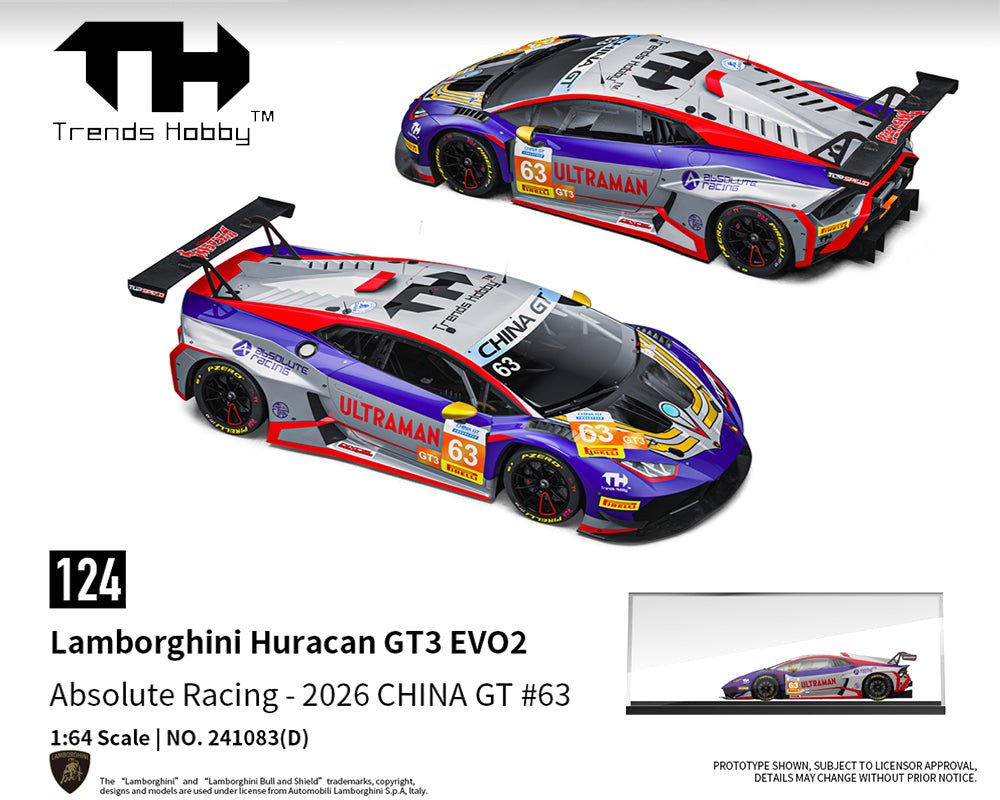 (Coming Soon) Trends Hobby 1:64 Lamborghini Huracan GT3 EVO2 Absolute Racing 2026 – Limited Edition - Midnight City Diecast L.C.