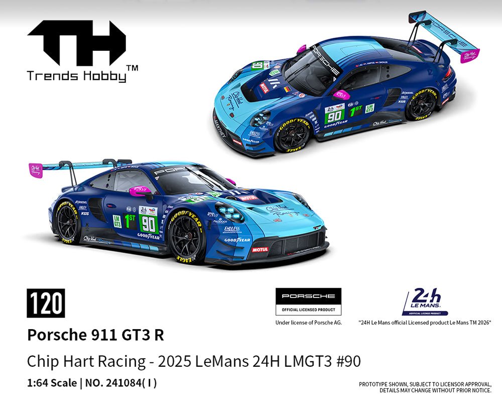 (Coming Soon) Trends Hobby 1:64 Porsche 911 GT3 R Le Man 24H 2025 90 Chip Hart Racing – Limited Edition - Midnight City Diecast L.C.