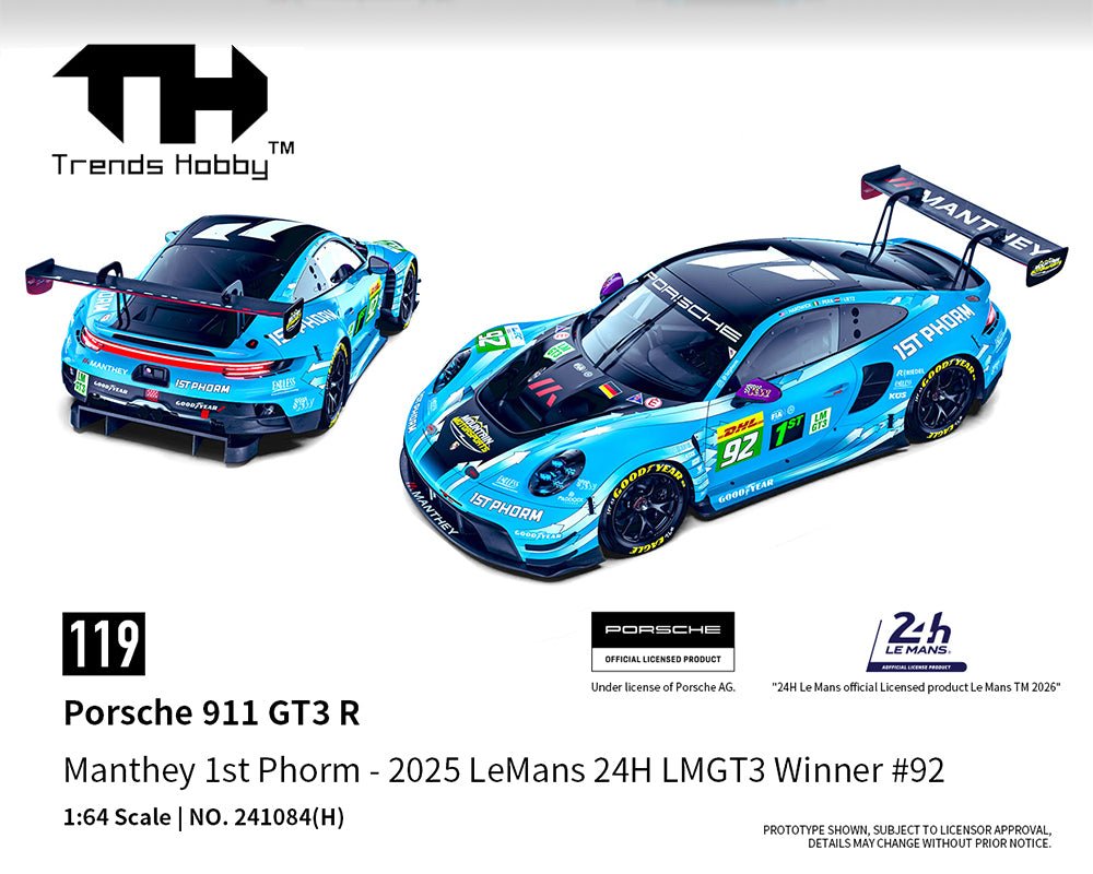 (Coming Soon) Trends Hobby 1:64 Porsche 911 GT3 R Manthey 1ST Phorm 2025 Le Mans 24H LMGT3 WINNER 92 – Limited Edition - Midnight City Diecast L.C.