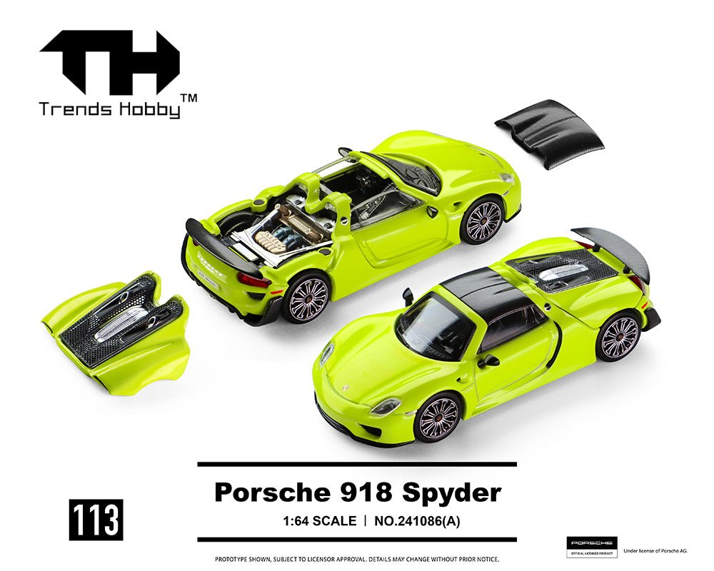(Coming Soon) Trends Hobby 1:64 Porsche 918 Spyder – Acid Green – Limited Edition - Midnight City Diecast L.C.