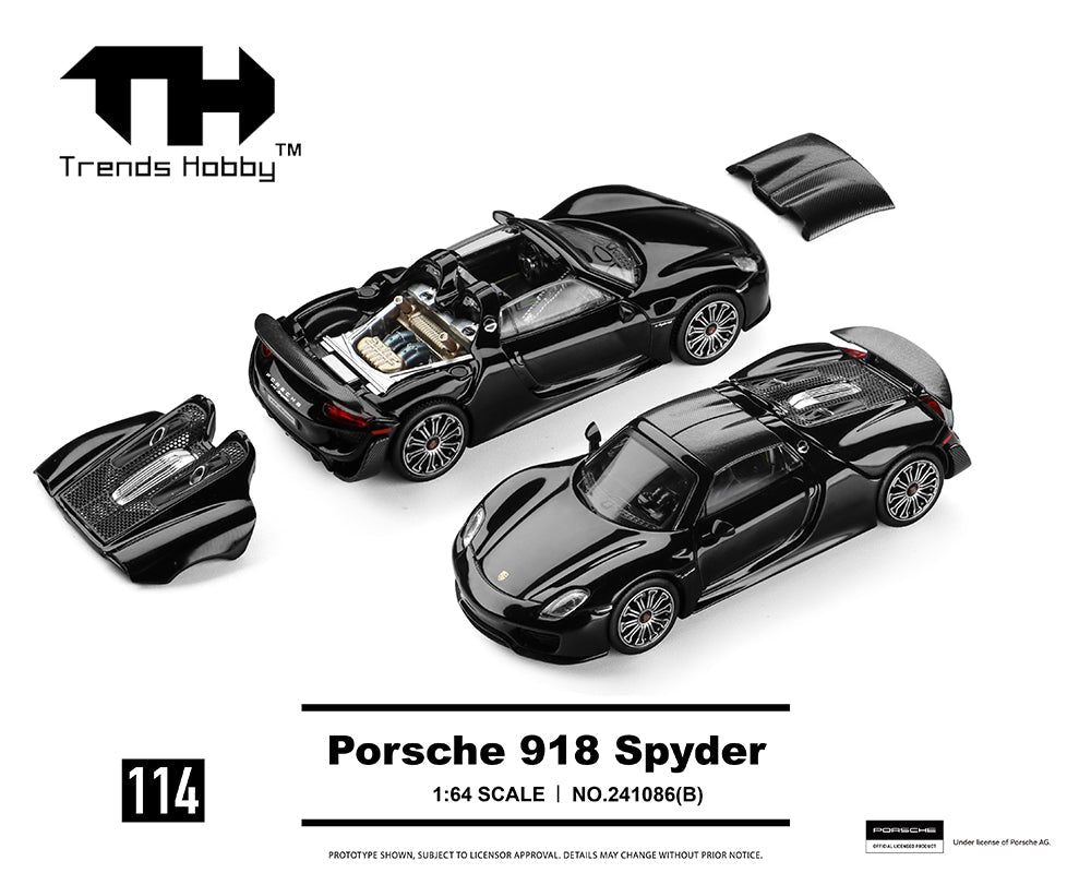 (Coming Soon) Trends Hobby 1:64 Porsche 918 Spyder – Black – Limited Edition - Midnight City Diecast L.C.