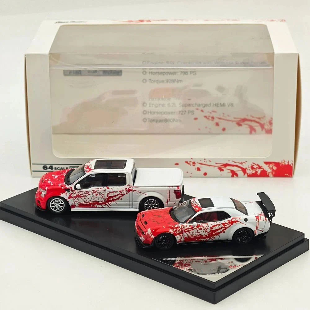 Stance Hunter 1:64 HEC Exclusive Shelby F150 & SRT Hellcat Red White Splash Double Set