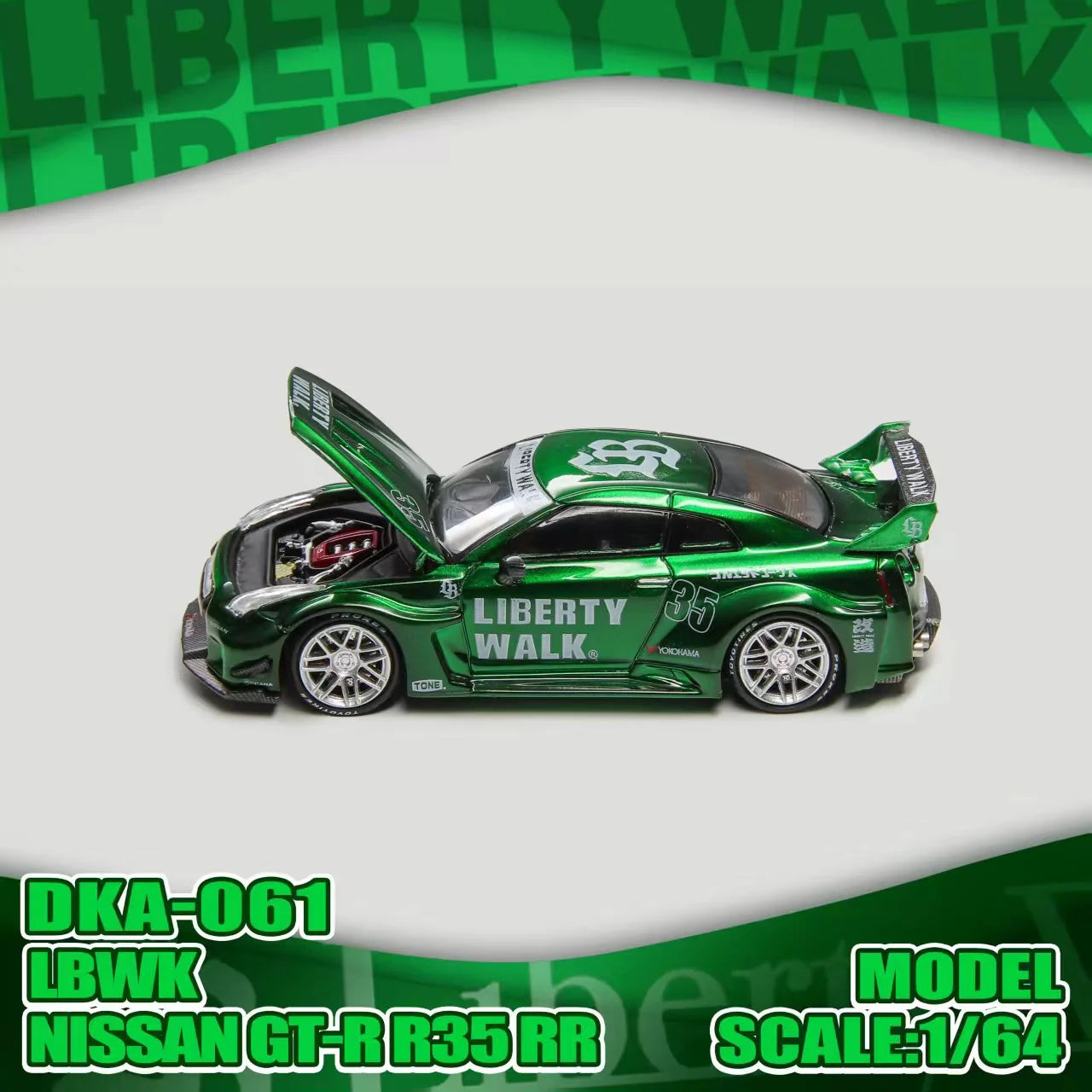 (Coming Soon) DEMON KING AUTO 1:64 Nissan GTR R35 RR LBWK - Green livery **CHASE CARS ARE RANDOMLY PACKED**