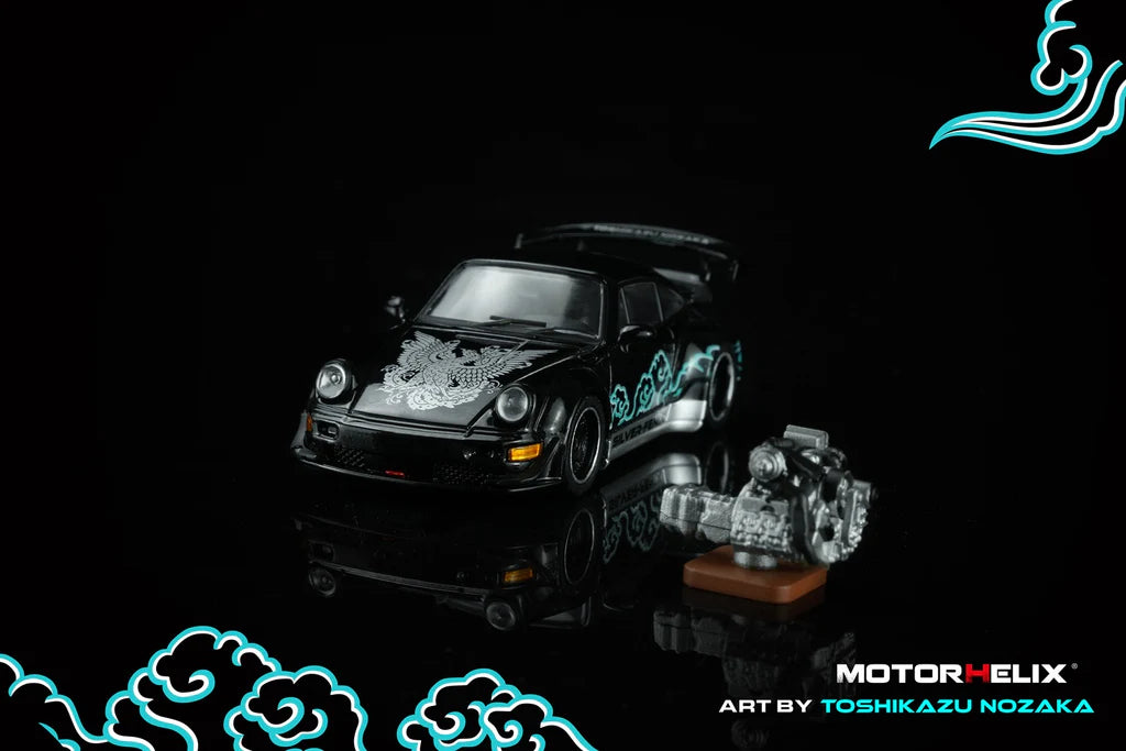(Coming Soon) Motorhelix 1/64 RWB 964 Black SILVER-FENIX with 1/64 magnetic air-cooled engine