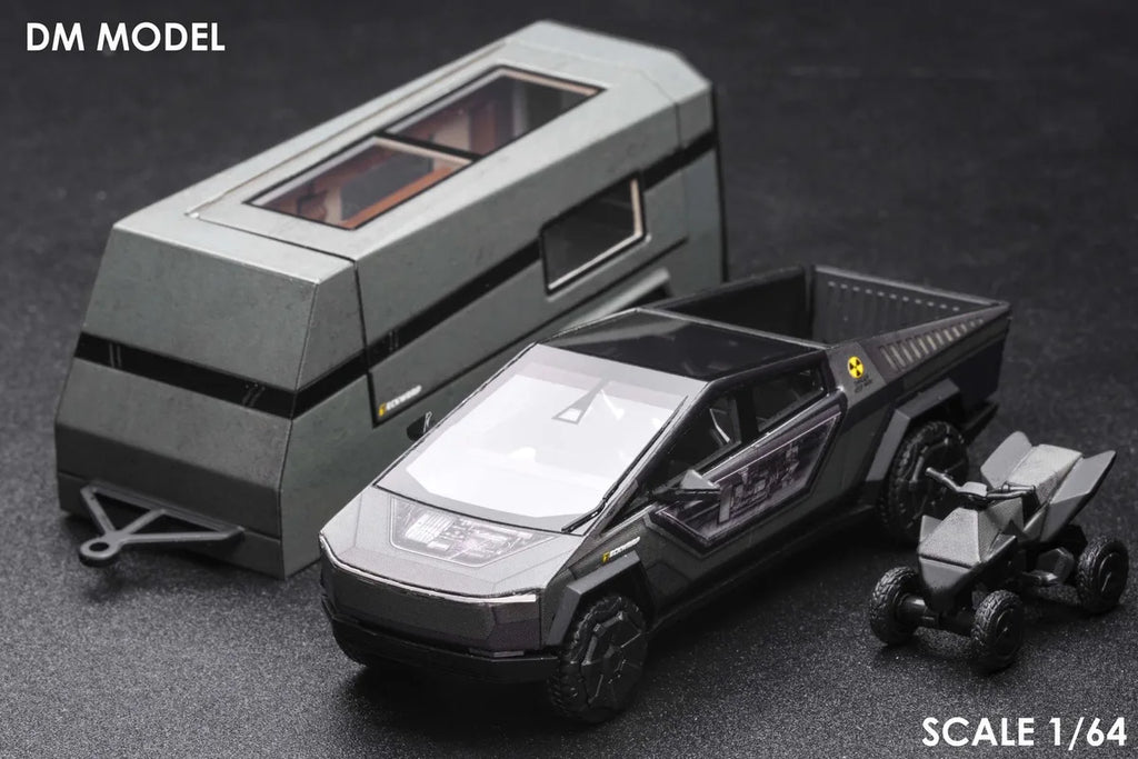 (Coming Soon) DM MODEL 1/64 Tesla Cybertruck "Radiation" + Camper + Cyberquad (Metal Silver) Diecast Car Model Set
