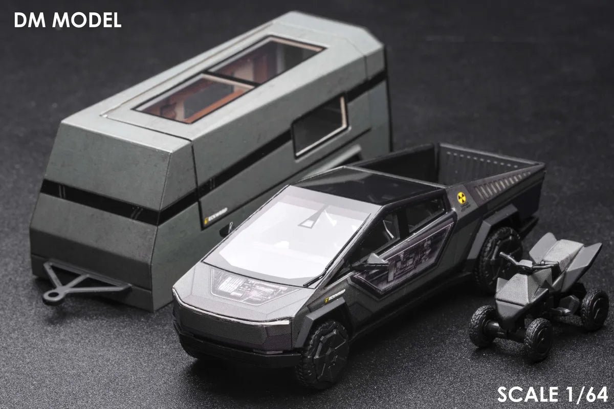 (Coming Soon) DM MODEL 1/64 Tesla Cybertruck "Radiation" + Camper + Cyberquad (Metal Silver) Diecast Car Model Set