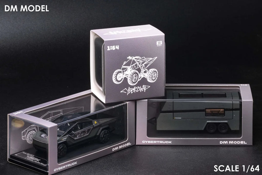 (Coming Soon) DM MODEL 1/64 Tesla Cybertruck "Radiation" + Camper + Cyberquad (Metal Silver) Diecast Car Model Set