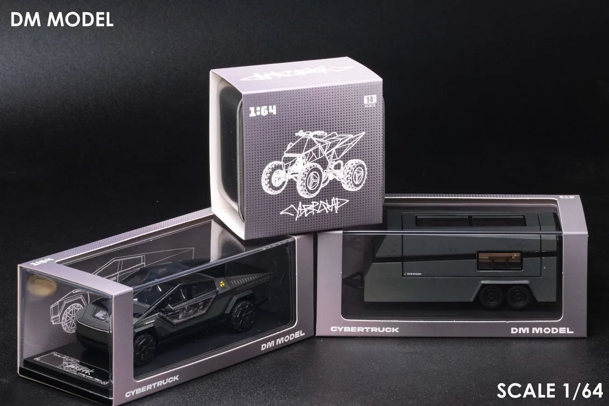 (Coming Soon) DM MODEL 1/64 Tesla Cybertruck "Radiation" + Camper + Cyberquad (Metal Silver) Diecast Car Model Set