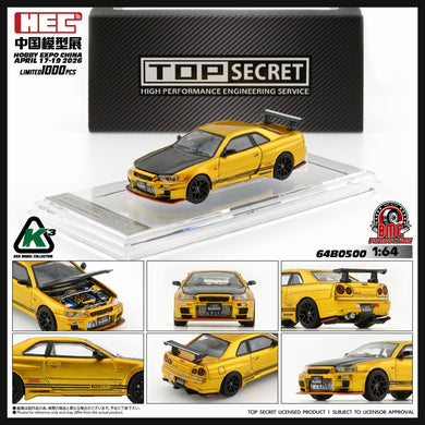 (Coming Soon) K'3 TOP SECRET (BMC) 1/64 BNR34 GOLD with Carbon Bonnet (HEC 2026 Limited Version) RHD Top Secret official licensed / Number Plated)