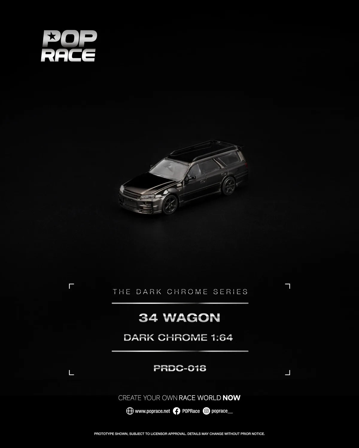 (Coming Soon) POP RACE 1:64 R34 WAGON DARK CHROME - PRDC-018