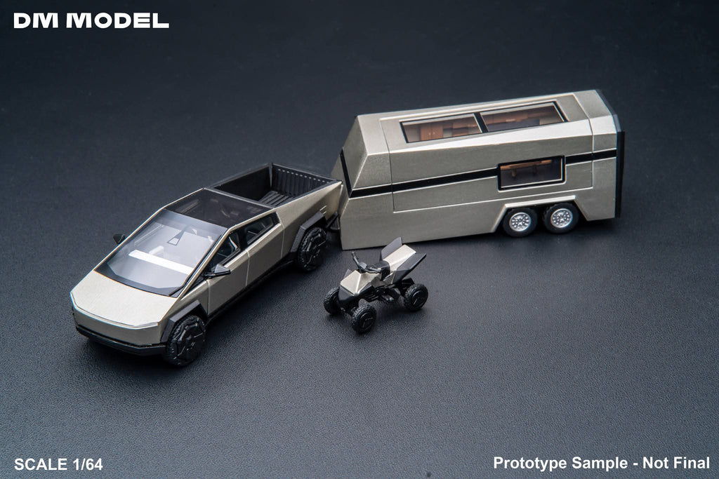 (Coming Soon) DM Model Tesla Cybertruck + Camper + Cyberquad (Metal Silver) Diecast Car Model Set