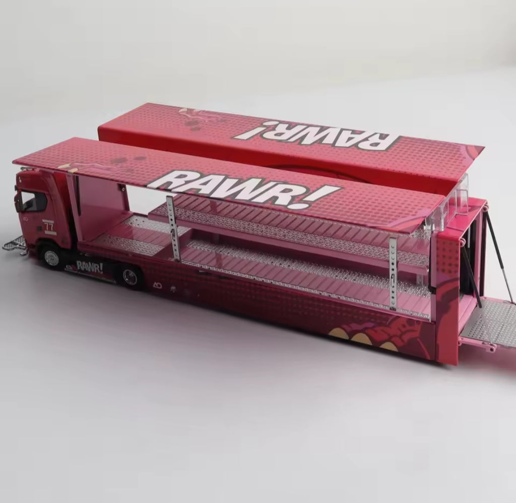 (Coming Soon) KENGFAI & MAXWELL (MW) Customized Version 1/64 Scania S730 Double-decker enclosed flying wing transport vehicle - RAWR Pink Dinosaur #77 Livery 2nd Generation