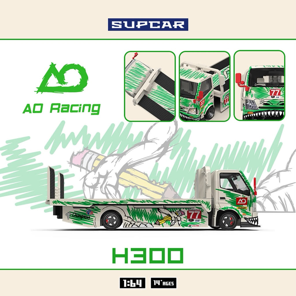 (Coming Soon) SUPCAR 1:64 H300 Flatbed Transport Trailer - #77 White/Green Dinosaur Livery