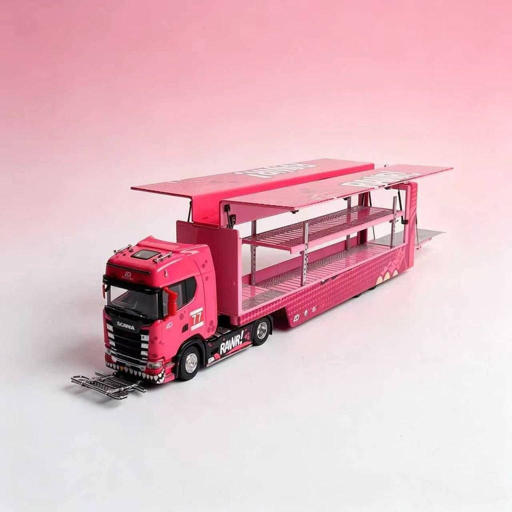 (Coming Soon) KENGFAI & MAXWELL (MW) Customized Version 1/64 Scania S730 Double-decker enclosed flying wing transport vehicle - RAWR Pink Dinosaur #77 Livery 2nd Generation