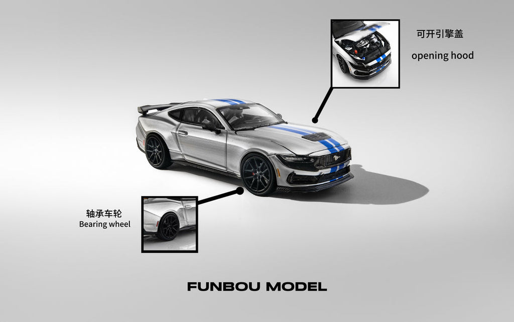 (Coming Soon) DCM x FUNBOU Model 1:64 Ford Mustang Dark Horse (S650) Silver Blue Stripes