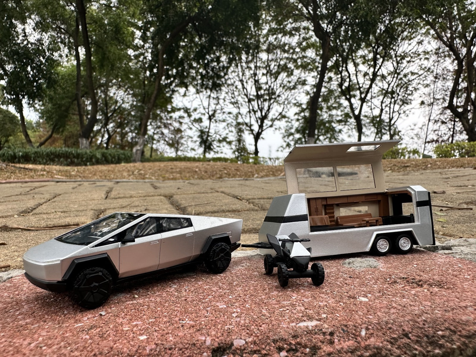 (Coming Soon) DM Model Tesla Cybertruck + Camper + Cyberquad (Metal Silver) Diecast Car Model Set