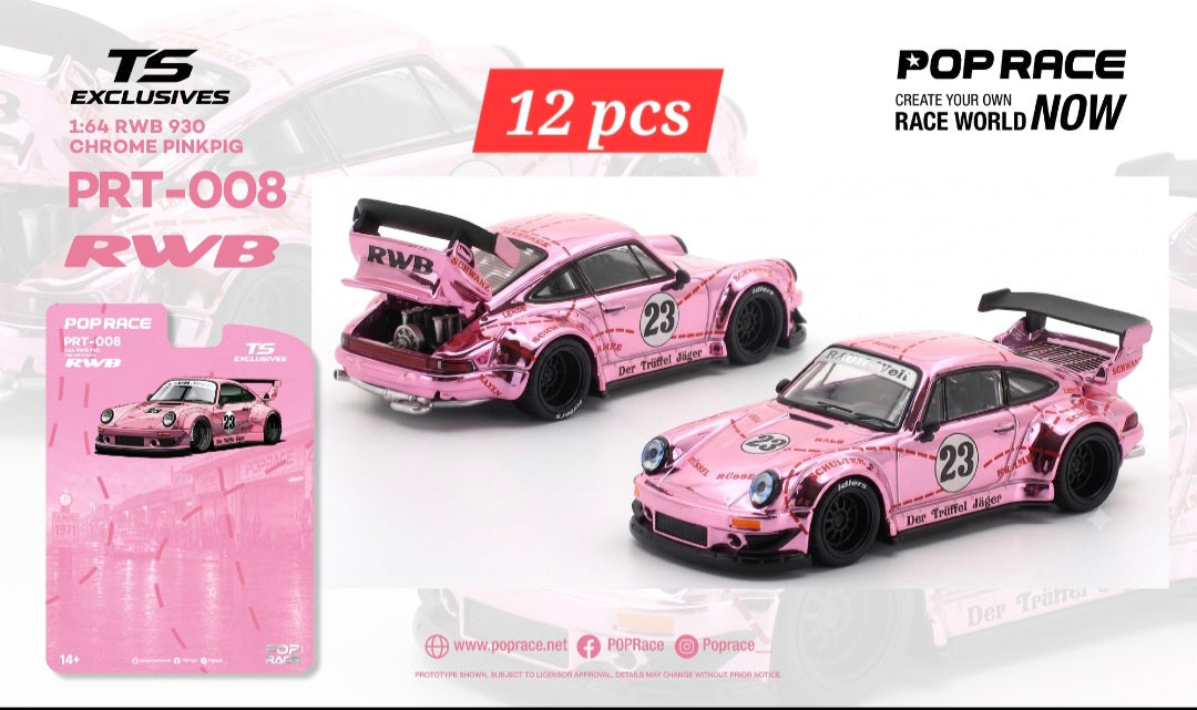 (Pre-Order) 12pcs POPRACE x TS Exclusives 1/64 RWB 930 CHROME PINK PIG (11 Regular & 1 chase)