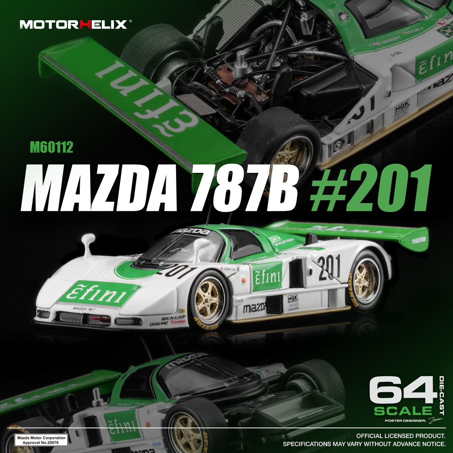 (Coming Soon) MOTORHELIX 1/64 Mazda 787B #201 Green/White
