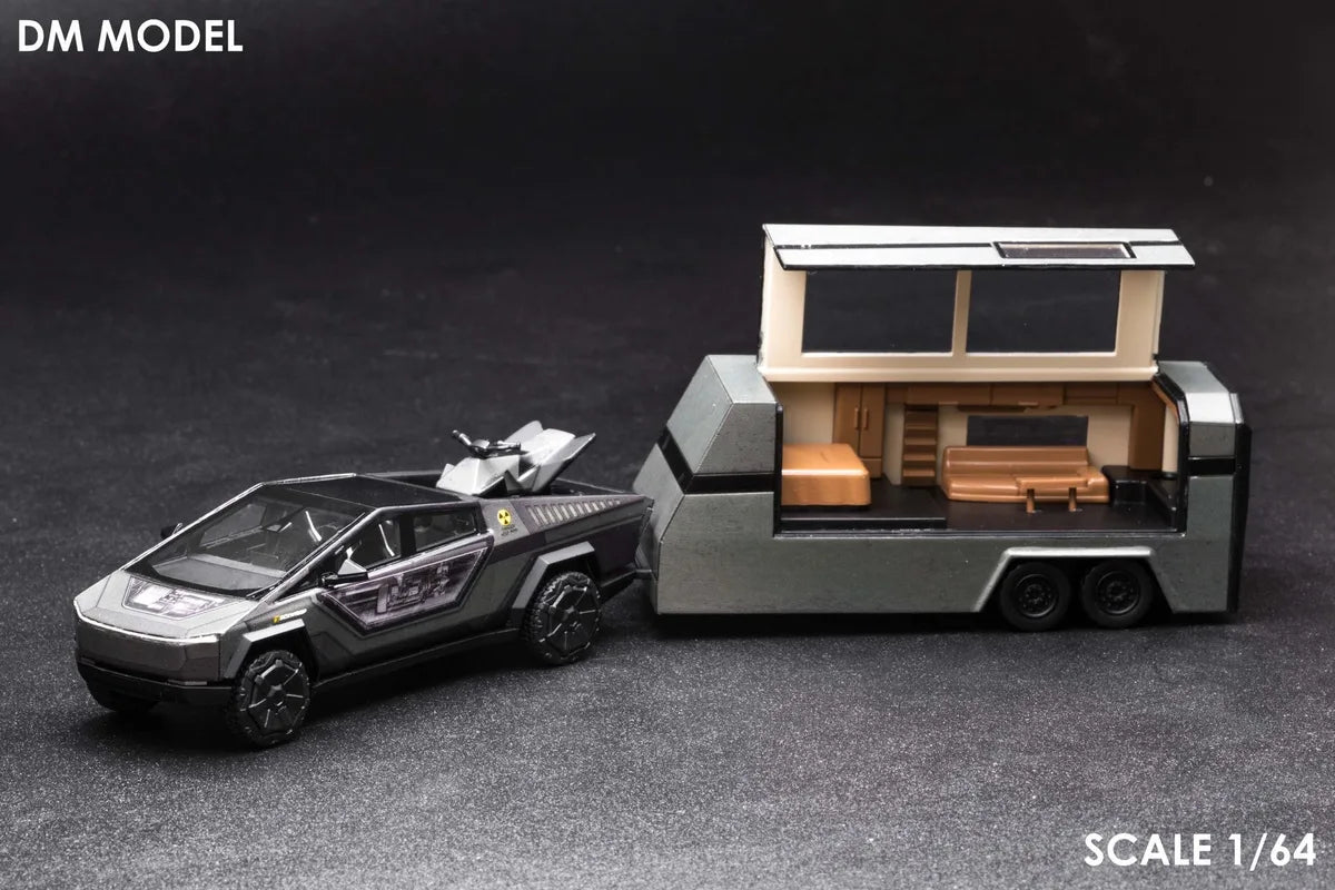 (Coming Soon) DM MODEL 1/64 Tesla Cybertruck "Radiation" + Camper + Cyberquad (Metal Silver) Diecast Car Model Set