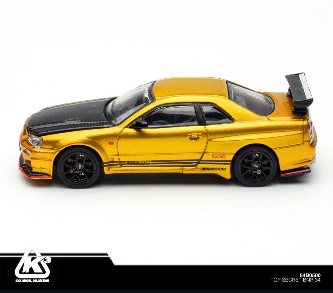 K'3 TOP SECRET (BMC) 1/64 BN R34 GOLD with Carbon Bonnet (HEC 2026 Limited Version) RHD Top Secret official licensed / Number Plated)