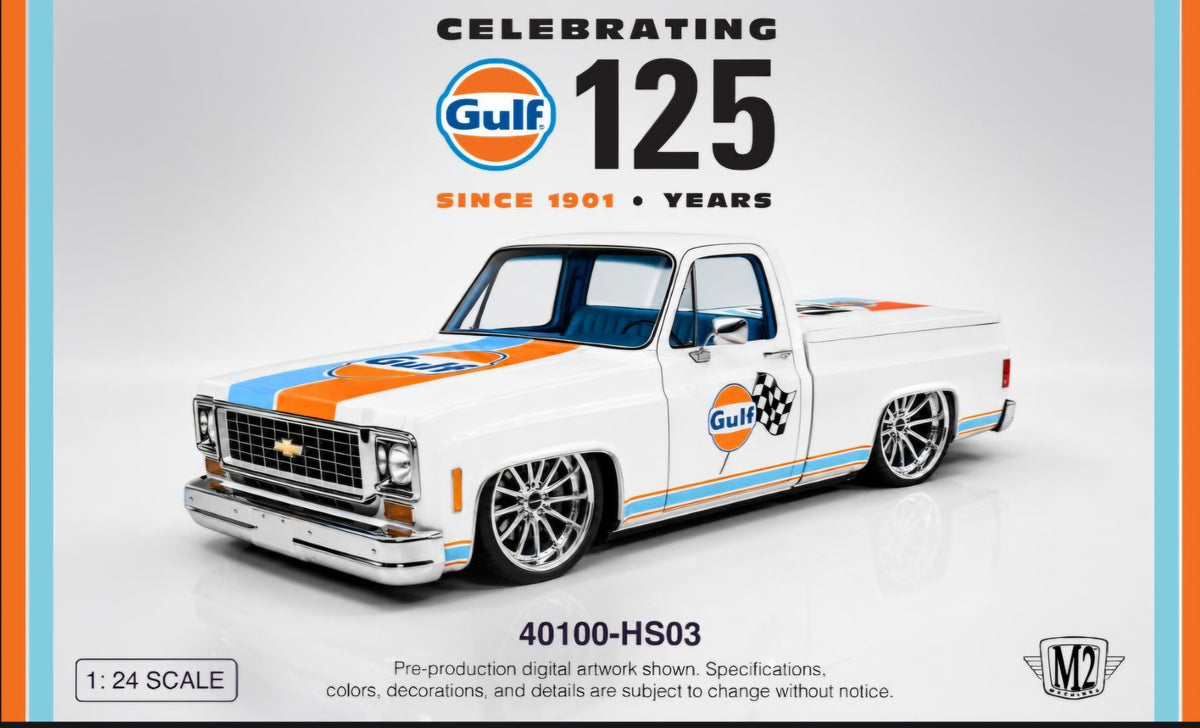 (Pre-Order) M2MACHINES 1:24 Scale 1973 Chevrolet Custom Deluxe 10 "Gulf"- (5pc reg + 1pc Chase) sealed case **DEADLINE September 13, 2026**