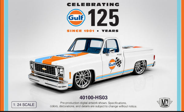 (Pre-Order) M2MACHINES 1:24 Scale 1973 Chevrolet Custom Deluxe 10 "Gulf"- (5pc reg + 1pc Chase) sealed case **DEADLINE September 13, 2026**