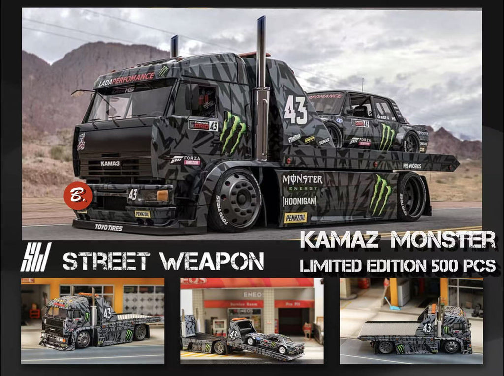 (Coming Soon) STREETWARRIOR 1:64 "Monster Livery" Hoonicorn KamaZ Trailer Truck Diecast