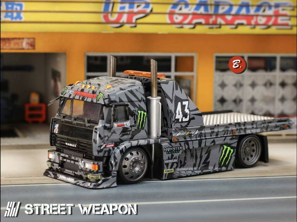 (Coming Soon) STREETWARRIOR 1:64 "Monster Livery" Hoonicorn KamaZ Trailer Truck Diecast