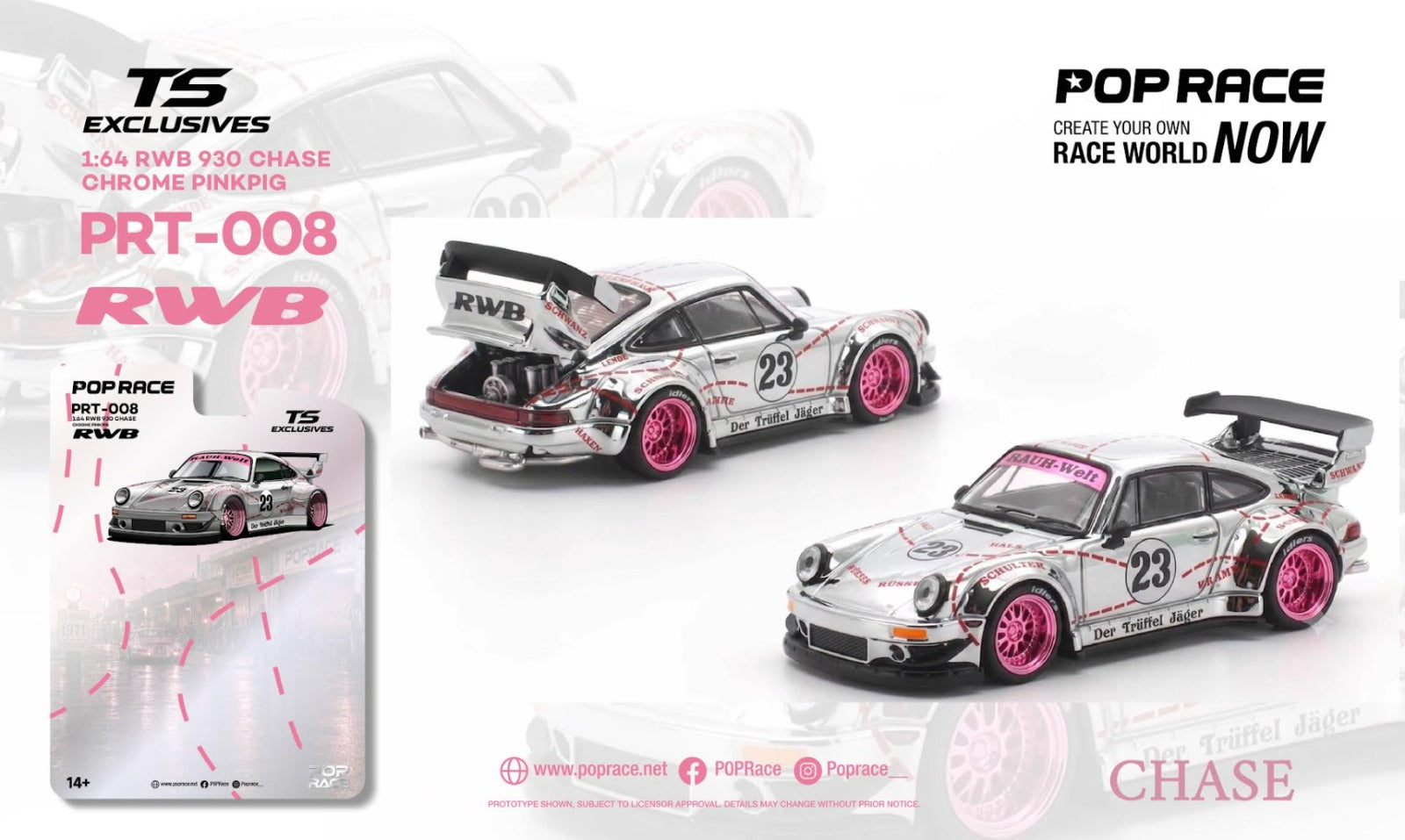 (Pre-Order) 12pcs POPRACE x TS Exclusives 1/64 RWB 930 CHROME PINK PIG (11 Regular & 1 chase)